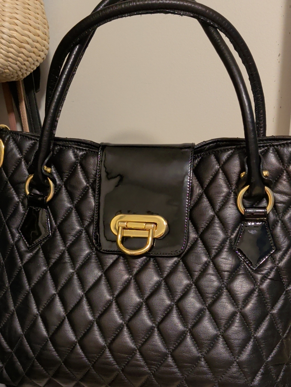 Miss Mak Diamond Shaped Quilted Black Leather Hand) Shoulder Bag Gold Hardware